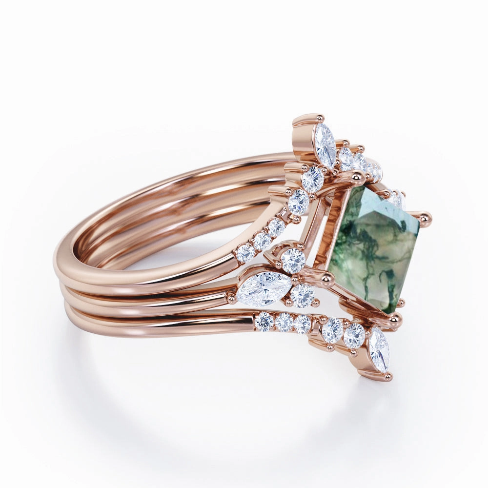 generic product Amazing Statement Double Crown 1.25 Carat Princess Moss Agate Trio Set