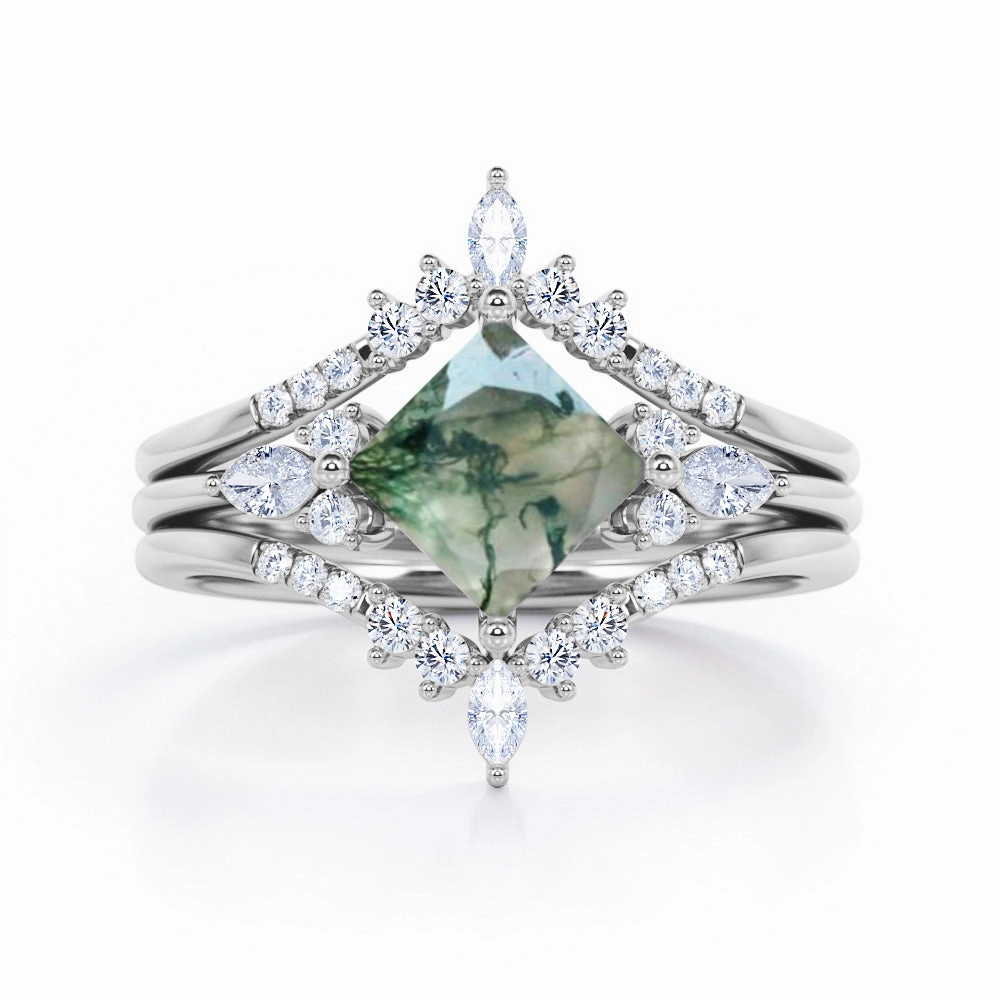 Double Crown 1.25 Carat Princess Moss Agate Trio Set Solar powered