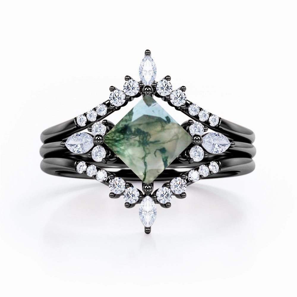 Trendy Style Delicate Item Double Crown 1.25 Carat Princess Moss Agate Trio Set