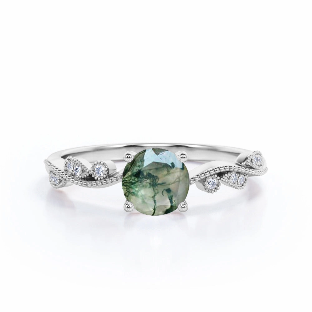 Art Deco 1.75 Carat Round Cut Moss Agate Engagement Ring Rigid Structure Professional Grade