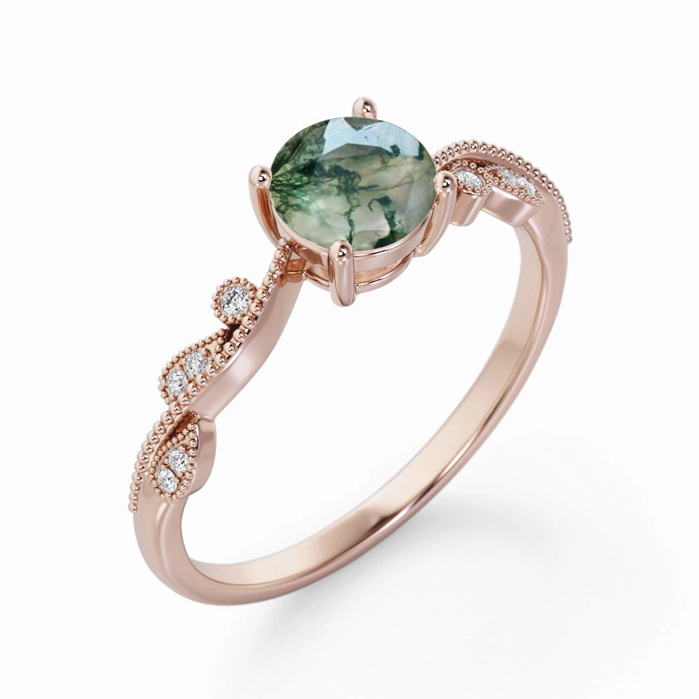 Art Deco 1.75 Carat Round Cut Moss Agate Engagement Ring Personal Jewelry