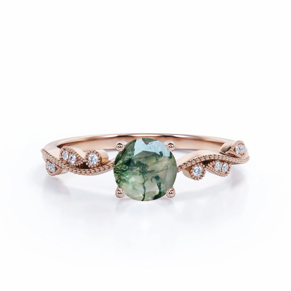 Art Deco 1.75 Carat Round Cut Moss Agate Engagement Ring Superior Object