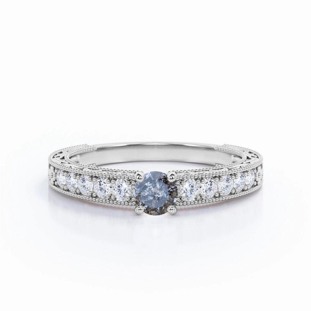 0.40 Ct Round Cut Salt and Pepper Diamond Floral Engagement Ring Excellent Piece