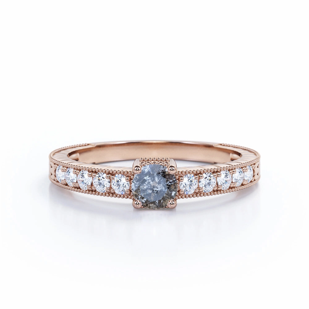 Vintage 0.45 Ct Round Cut Salt and Pepper Diamond Engagement Ring Creative Work