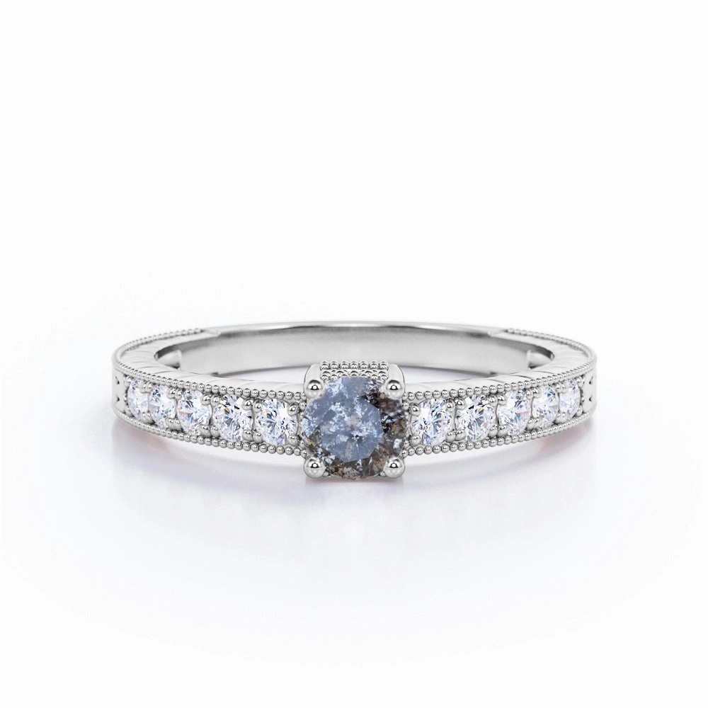 Vintage 0.45 Ct Round Cut Salt and Pepper Diamond Engagement Ring Made to order