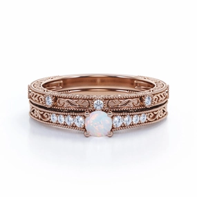 Glamorous Product Luxury Trinket Vintage 0.65 Ct Round Cut Lab Created Opal Wedding Ring Set