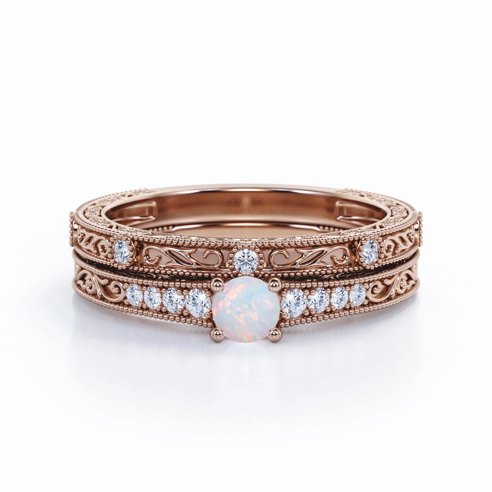 Glamorous Product Luxury Trinket Vintage 0.65 Ct Round Cut Lab Created Opal Wedding Ring Set