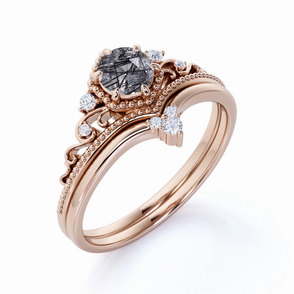 Vintage 0.75 ct Round Cut Black Rutilated Quartz Bridal Set Elegant Attire Simple Mark
