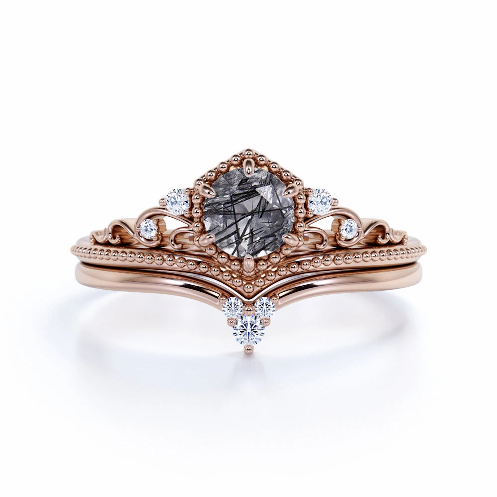 Resilient Style Vintage 0.75 ct Round Cut Black Rutilated Quartz Bridal Set