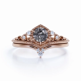Vintage 0.75 ct Round Cut Black Rutilated Quartz Bridal Set Lightweight Build Comfortable Jewelry