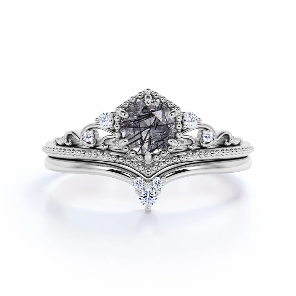 Fantastic Adornment Vintage 0.75 ct Round Cut Black Rutilated Quartz Bridal Set