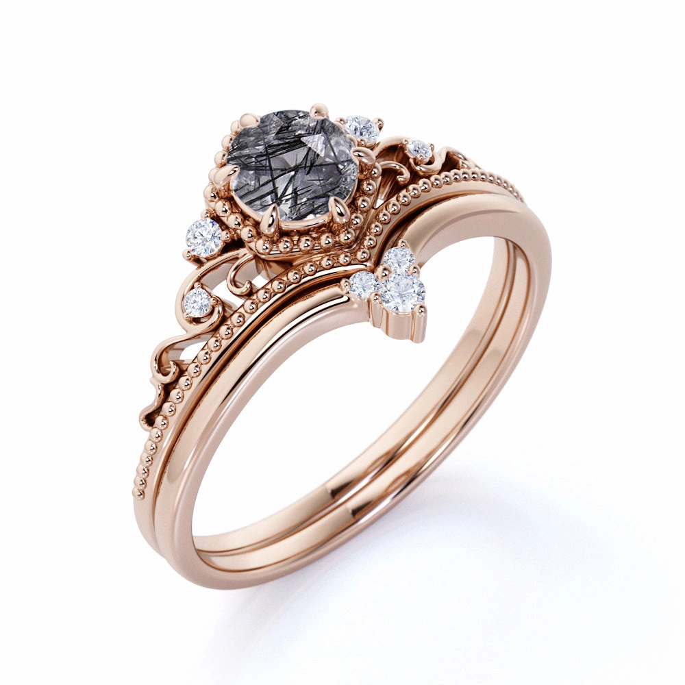 Vintage 0.75 ct Round Cut Black Rutilated Quartz Bridal Set Universal Gift