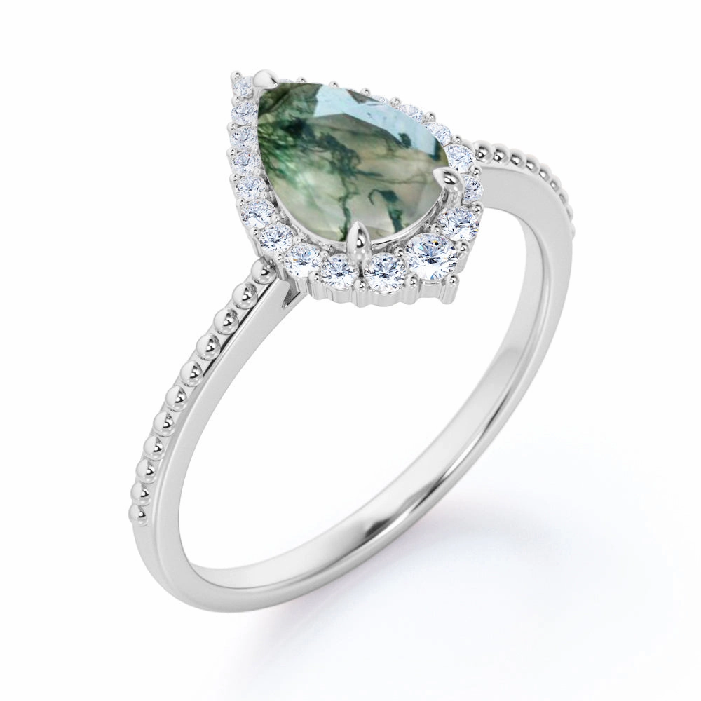Elegant Balance Neutral Accessory Vintage 0.7 Ct Pear Moss Agate Halo Engagement Ring