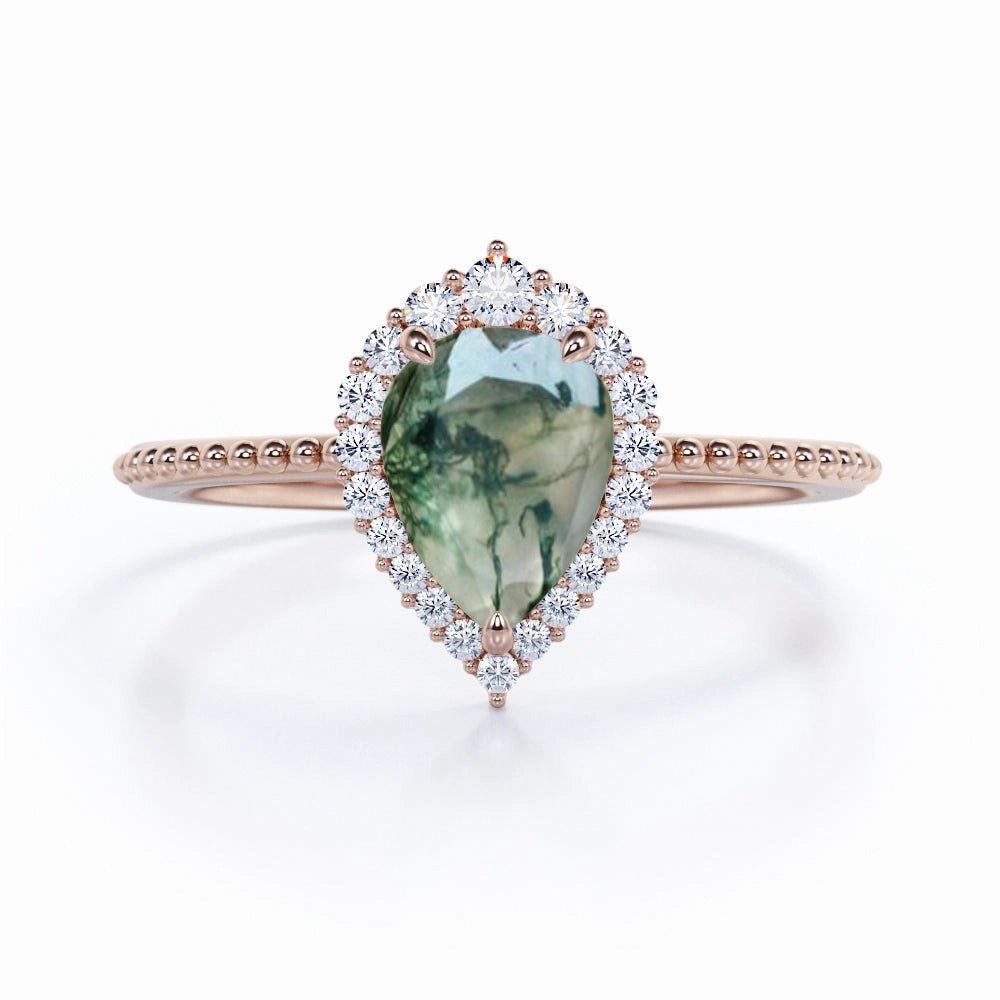 Vintage 0.7 Ct Pear Moss Agate Halo Engagement Ring Traditional Mark