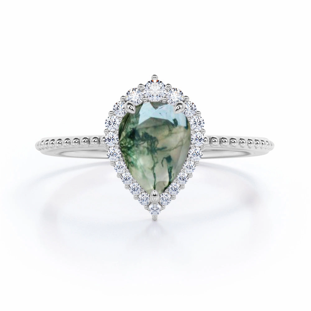 Daily Balance Vintage 0.7 Ct Pear Moss Agate Halo Engagement Ring