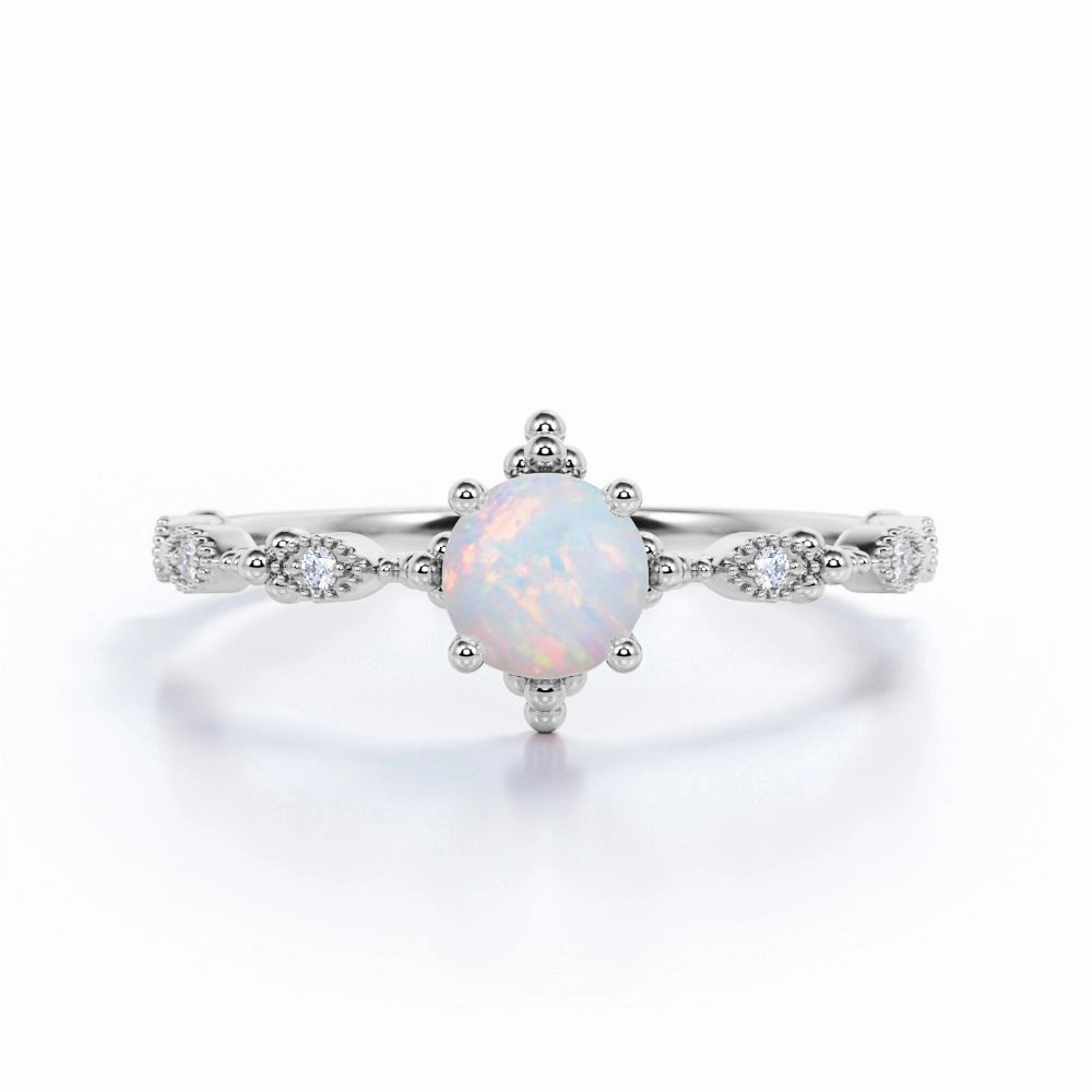 Polished Accent Bold Gift Vintage 1.05 Ct Round Cut Lab Created Opal Engagement Ring
