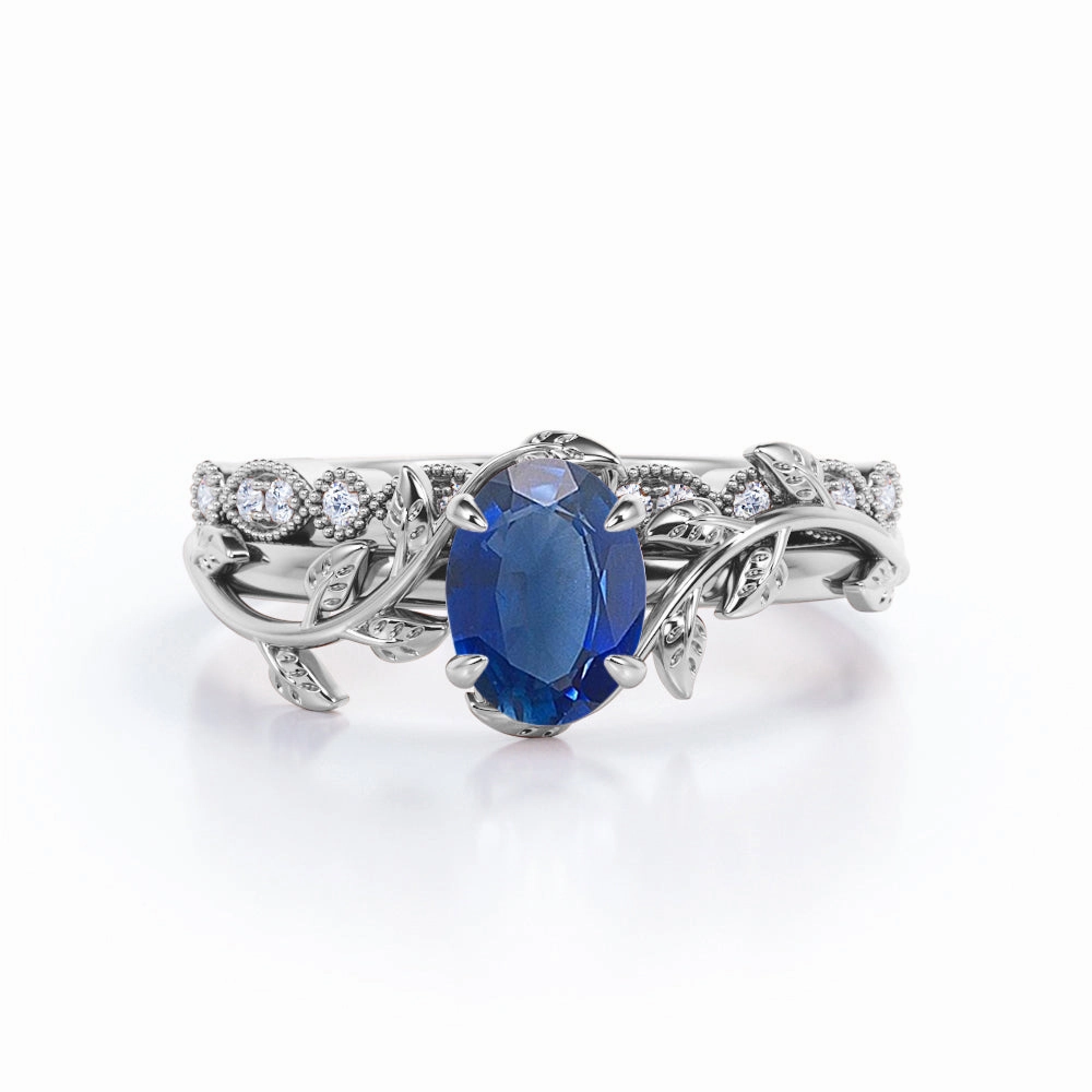 Real Item Chic Look Vintage 1.15 Ct Oval Cut Lab Sapphire Wedding Ring Set