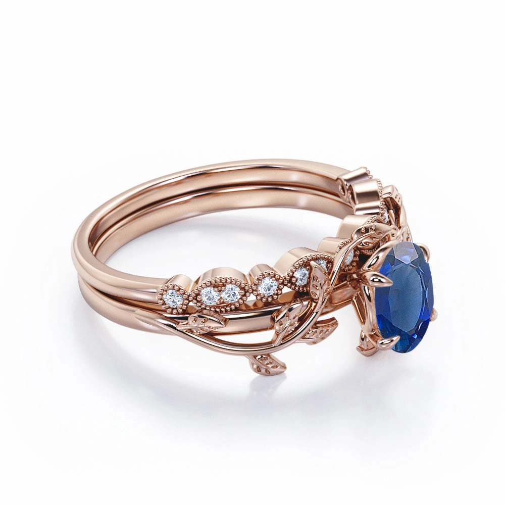 All Occasion Vintage 1.15 Ct Oval Cut Lab Sapphire Wedding Ring Set