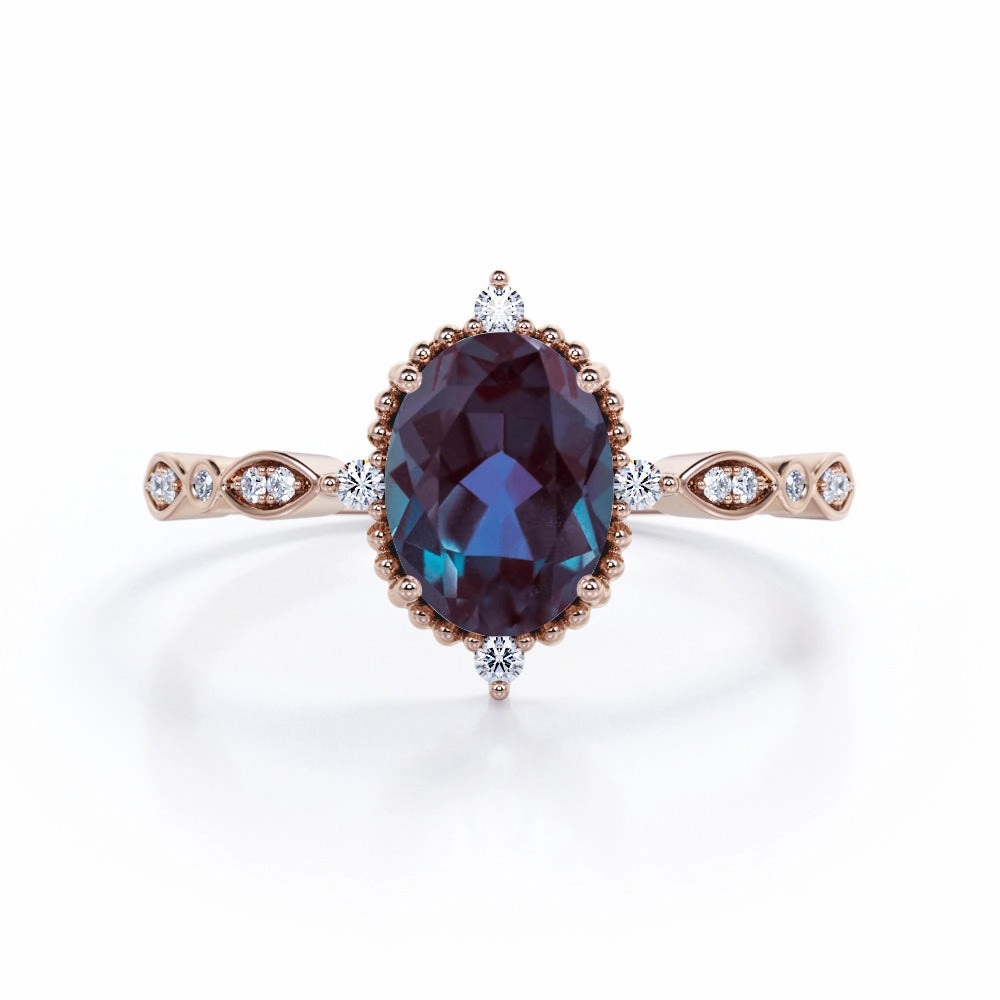 Chic Focus Vintage 1.25 Ct Oval Lab Alexandrite Engagement Ring
