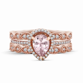 Vintage 1.25 ct Pear Morganite Trio Wedding Ring Set Modern Decoration