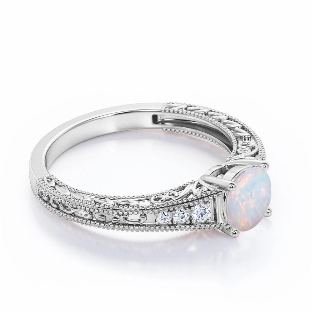 Vintage 1.25 Ct Round Cut Lab Created Opal Engagement Ring Affordable Look Minimalist Adornment