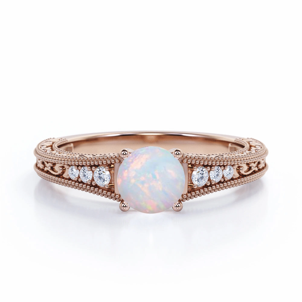 Gala Accent Vintage 1.25 Ct Round Cut Lab Created Opal Engagement Ring
