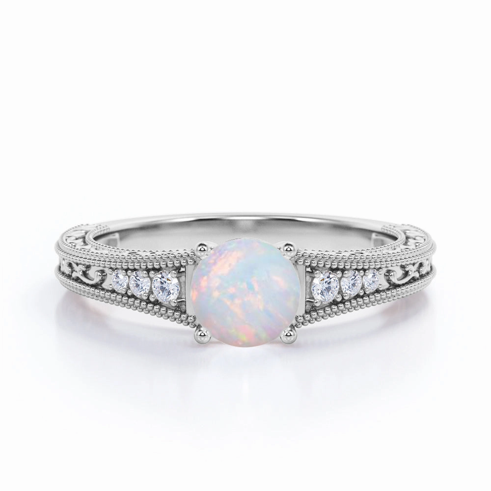 Minimalist Design Vintage 1.25 Ct Round Cut Lab Created Opal Engagement Ring