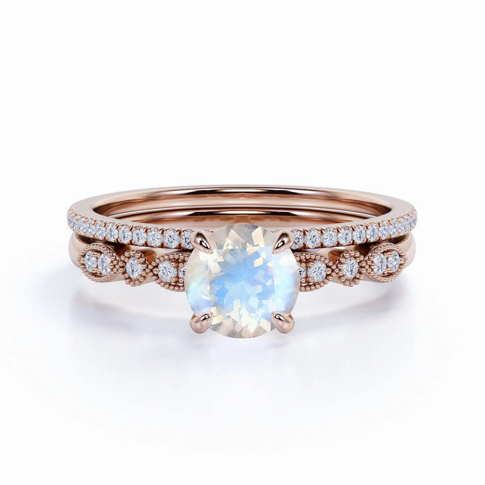 Vintage 1.25 ct Round Rainbow Moonstone Wedding Set Minimal Design