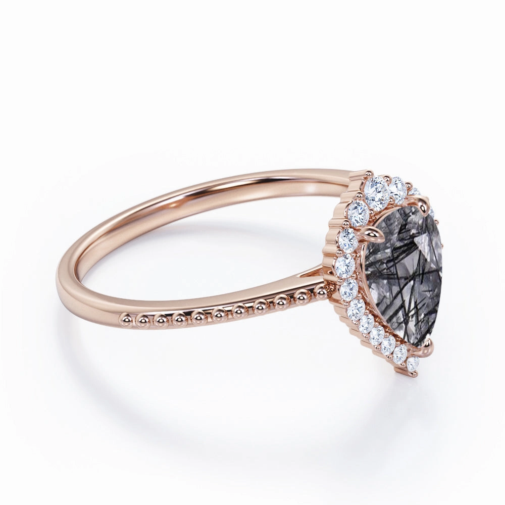 Sentimental Piece Timeless Product Vintage 1.35 ct Tear Drop Black Rutilated Quartz Halo Engagement Ring