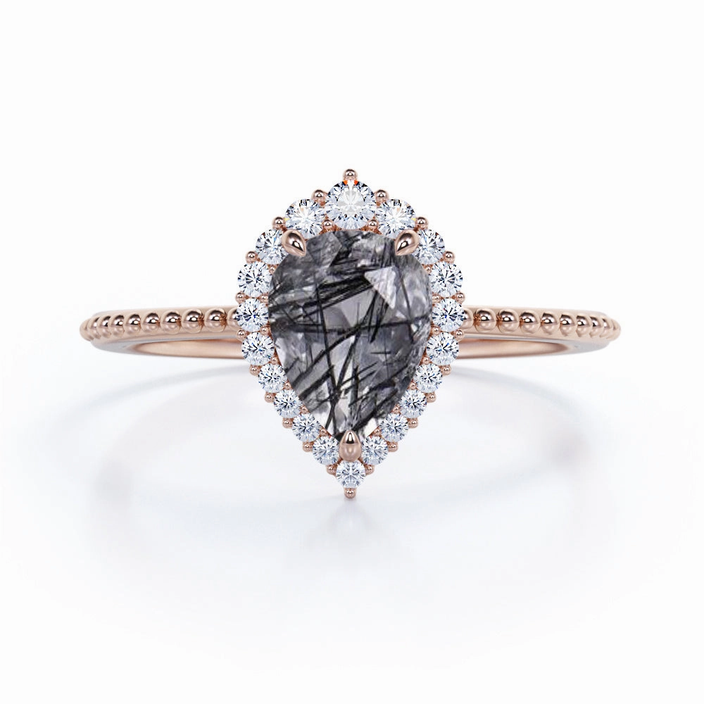 Pure Form Vintage 1.35 ct Tear Drop Black Rutilated Quartz Halo Engagement Ring