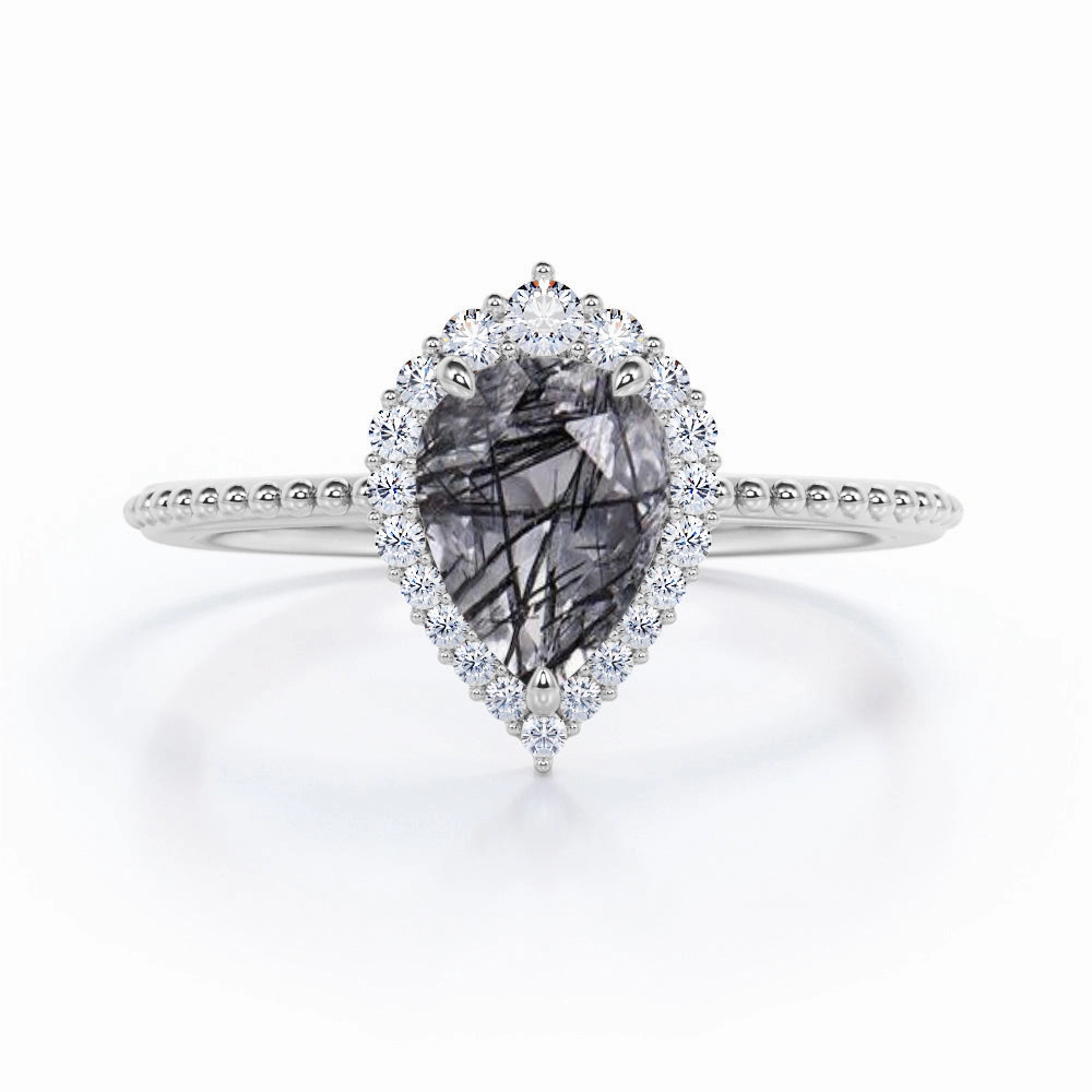 Vintage 1.35 ct Tear Drop Black Rutilated Quartz Halo Engagement Ring Minimalist Symbol