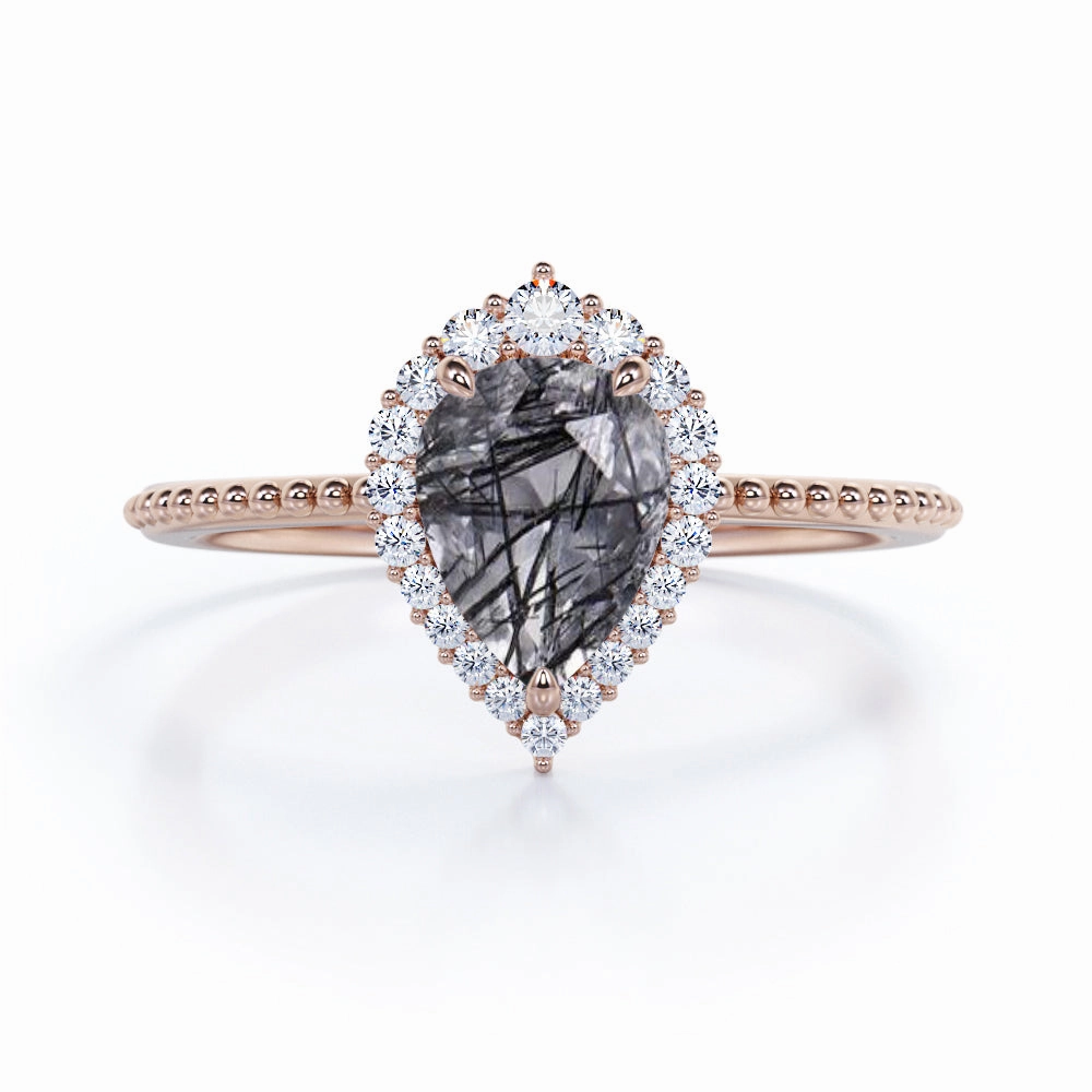 Vintage 1.35 ct Tear Drop Black Rutilated Quartz Halo Engagement Ring Designer Style Surprise Gift