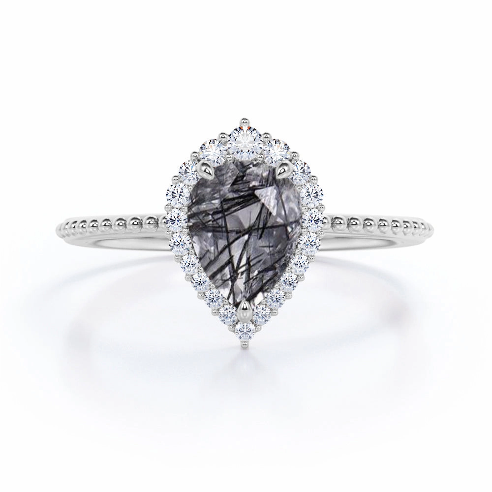 Vintage 1.35 ct Tear Drop Black Rutilated Quartz Halo Engagement Ring Eternal Product Artistic Gift