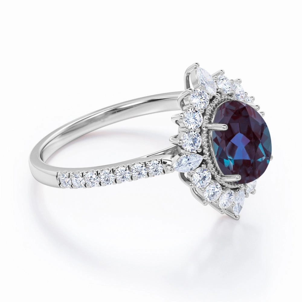 Creative Present Secure Expression Vintage 1.50 Ct Oval Lab Alexandrite Halo Engagement Ring