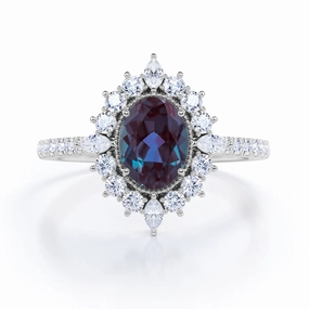 Vintage 1.50 Ct Oval Lab Alexandrite Halo Engagement Ring Shimmer Mood Gentle Harmony