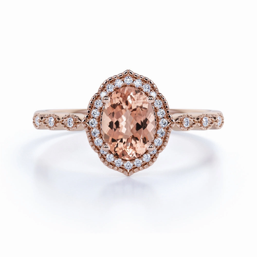 Natural Source Adjustable size Vintage 1.50 ct Oval Morganite Halo Engagement Ring