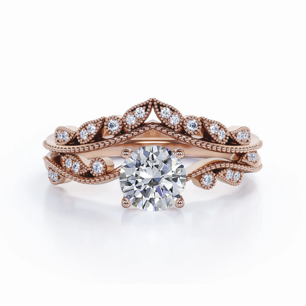 Modern Contour Creative Symbol Vintage 1.5 Carat Round Cut Moissanite Bridal Set