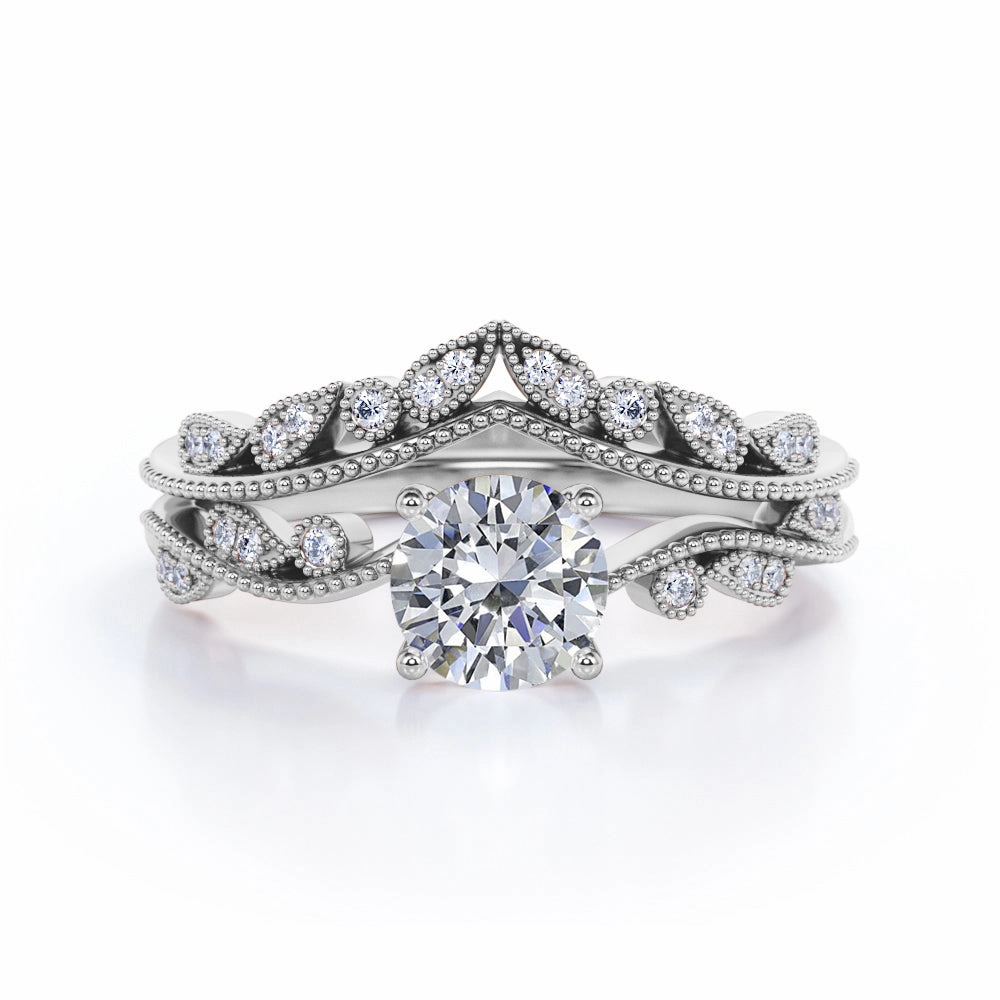 Vintage 1.5 Carat Round Cut Moissanite Bridal Set Glam Present