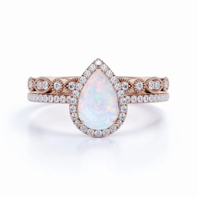 Vintage 1.75 ct Halo Pear Shaped Fire Opal and Moissanite Wedding Ring Set in 18K Rose Gold over Silver Shining Accent Secure Accessory