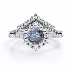 Vintage 1 Ct Round Cut Salt and Pepper Diamond Wedding Ring Set Graceful Accent