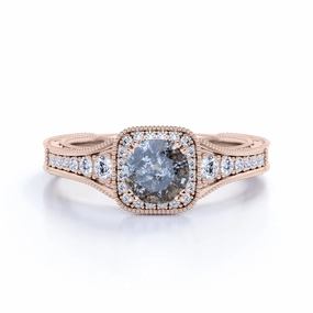 Vintage 1 Ct Round Salt and Pepper Diamond Engagement Ring Vintage Statement Oval Design