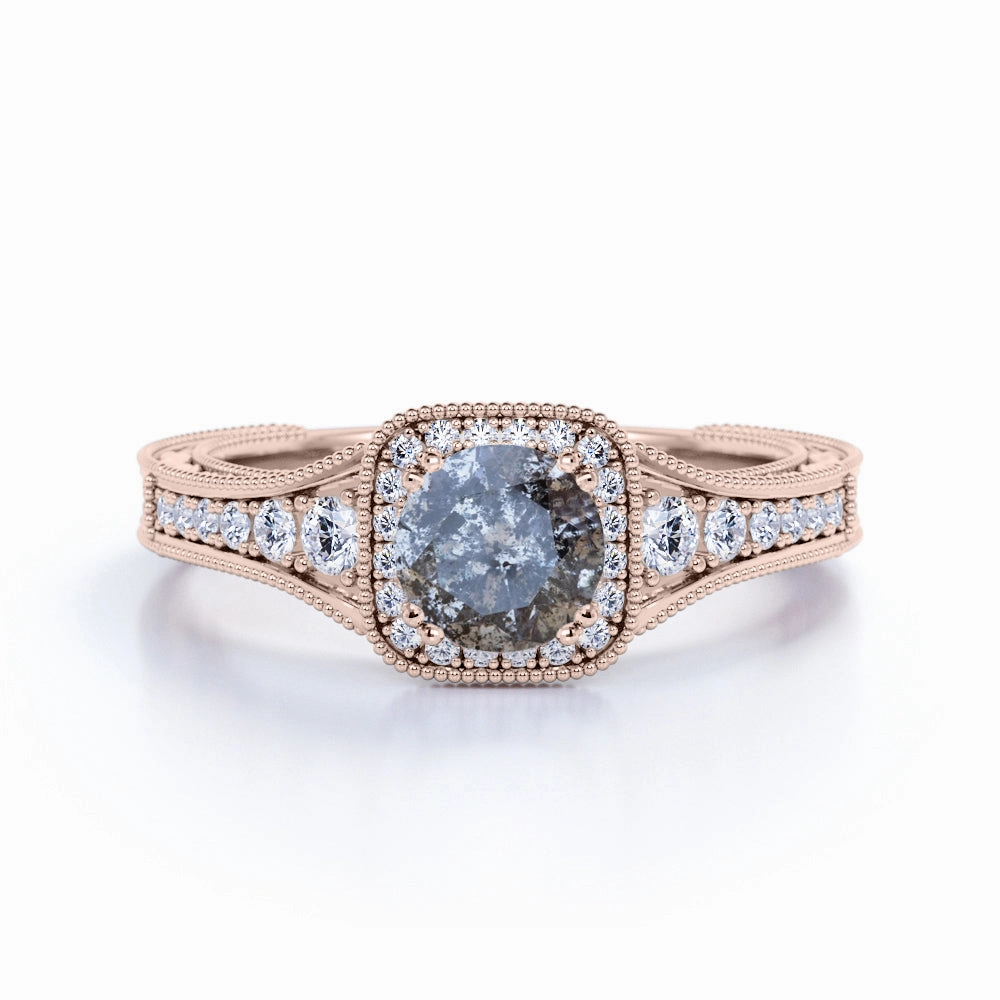 Vintage 1 Ct Round Salt and Pepper Diamond Engagement Ring Modern Flow