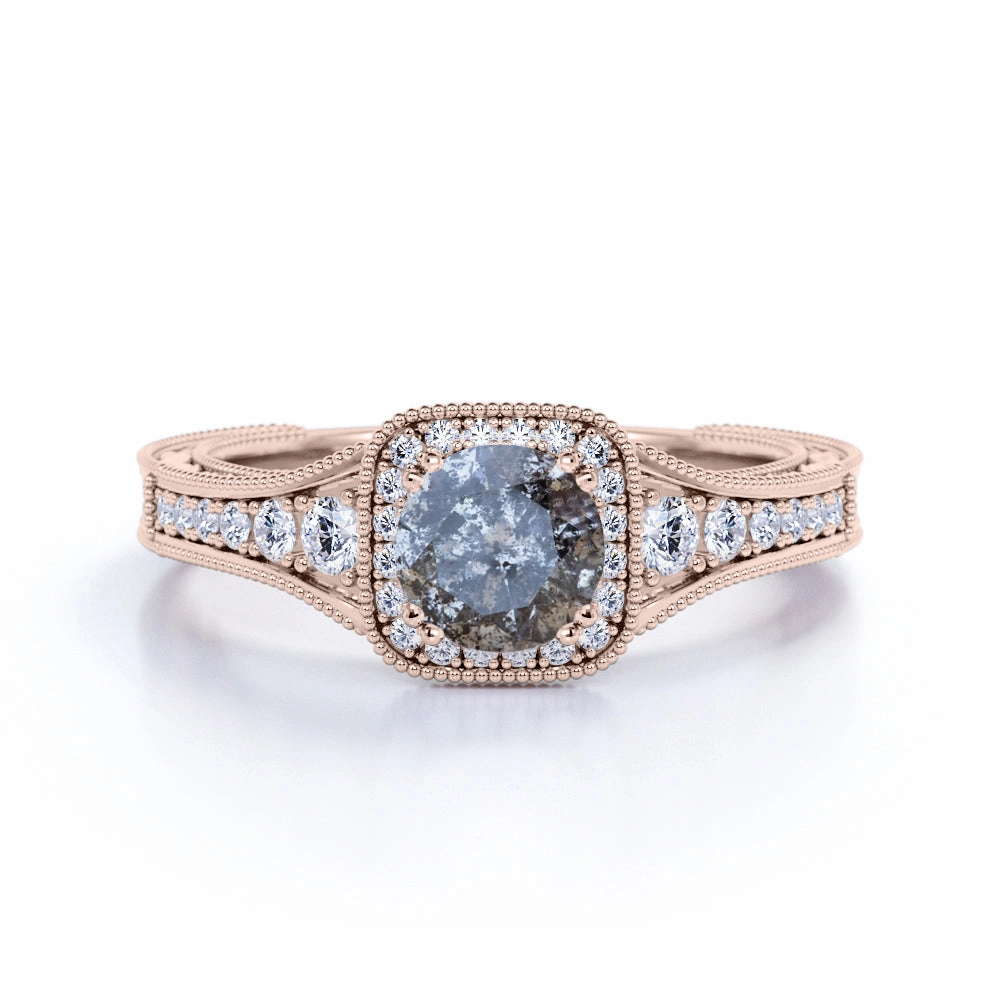 Vintage 1 Ct Round Salt and Pepper Diamond Engagement Ring Luxurious Item