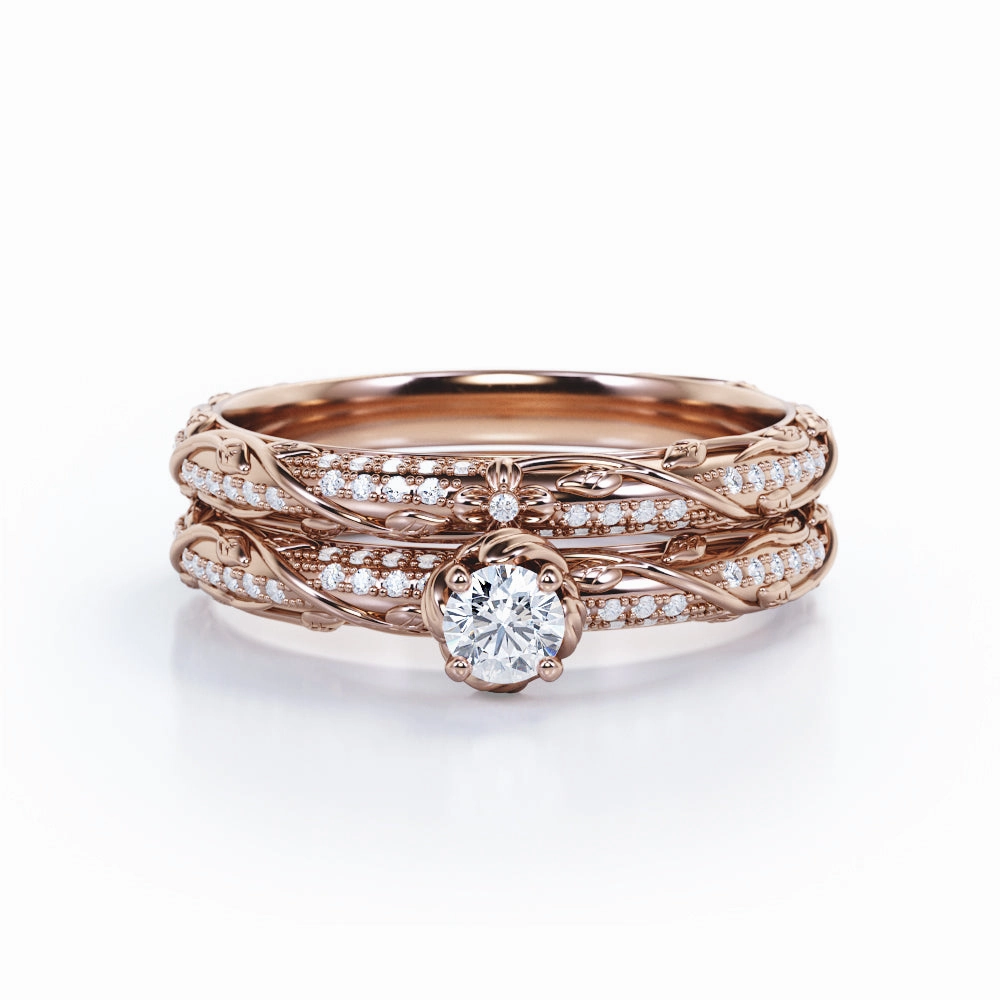 Vintage 1 ct TDW Round Cut Real Diamond Bridal Set in 10k Rose Gold Sentimental Gift Flirty Accent
