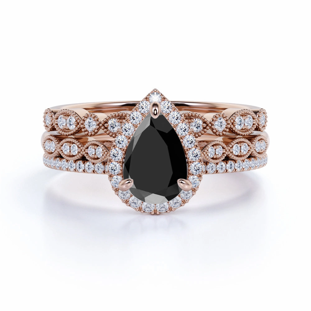 Vintage 2 ct Pear Lab Black Diamond Trio Wedding Ring Set Shiny Accent