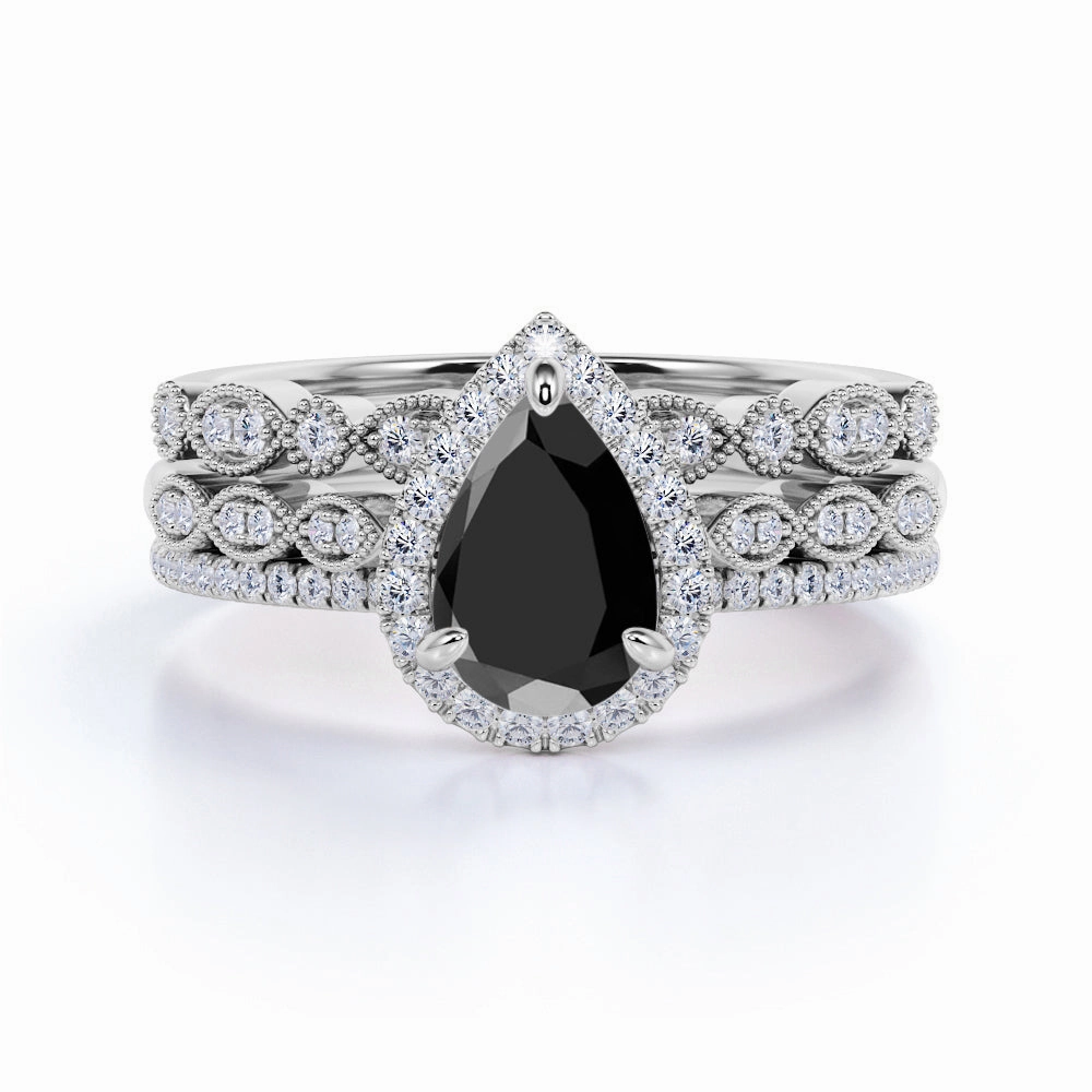 Traditional Decoration User Reviewed Vintage 2 ct Pear Lab Black Diamond Trio Wedding Ring Set