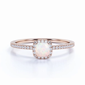 Seasonal Favorite Eye Catching Vintage .75 ct Cushion Cut Real Welo Opal and Moissanite Cluster Engagement Ring in 18K Rose Gold over Silver