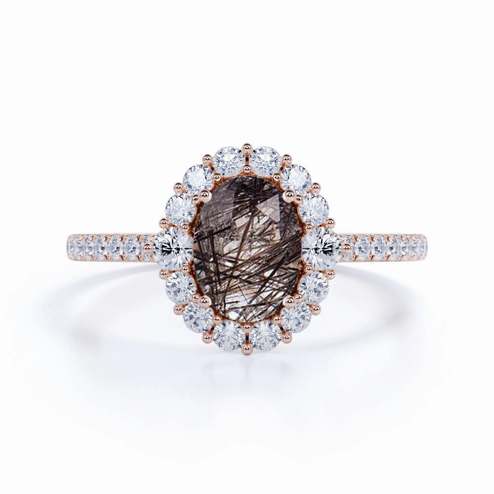 Luxury Contour Casual Wear 1.50 ct Oval Black Rutilated Quartz Cluster Pave Engagement Ring