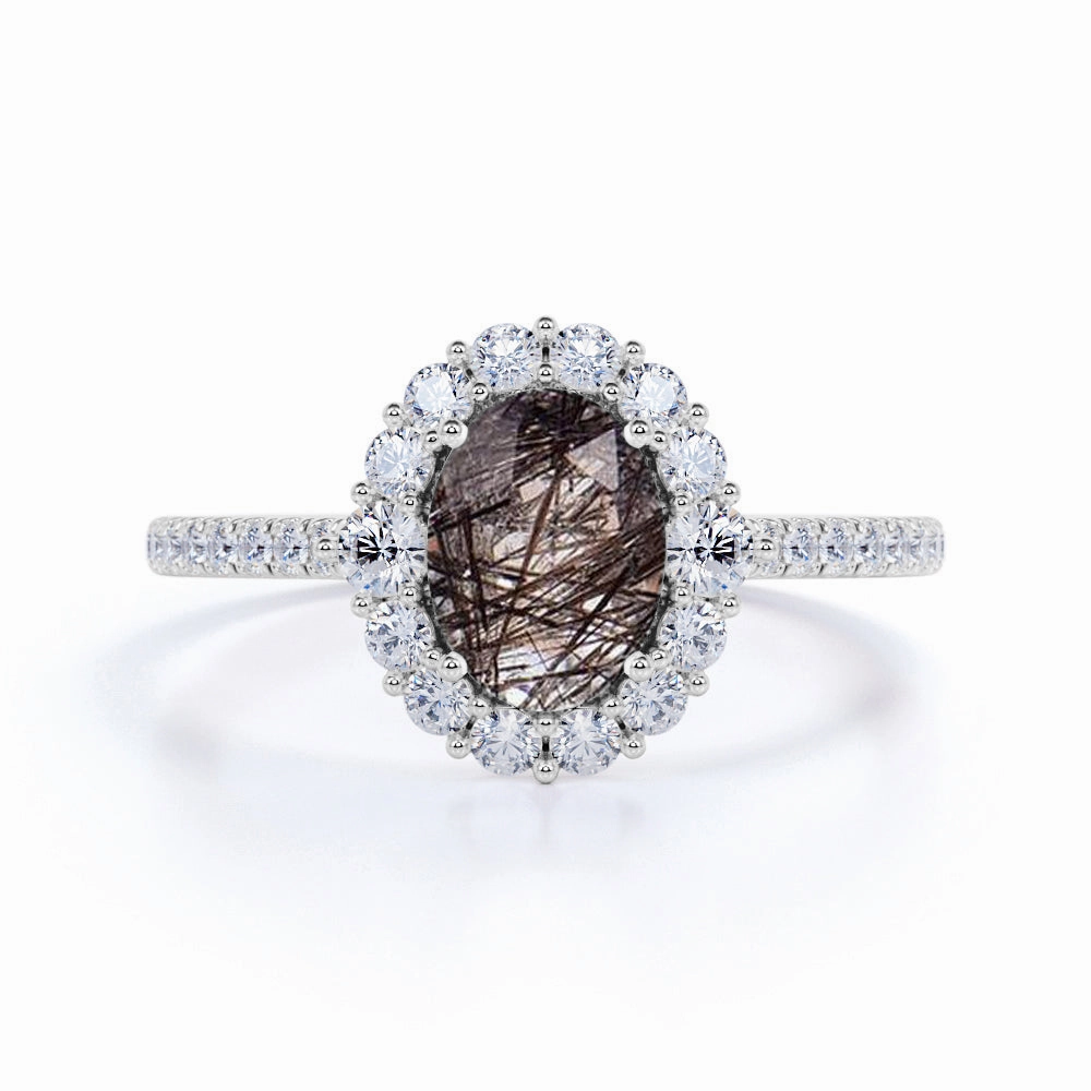 1.50 ct Oval Black Rutilated Quartz Cluster Pave Engagement Ring Practical Look