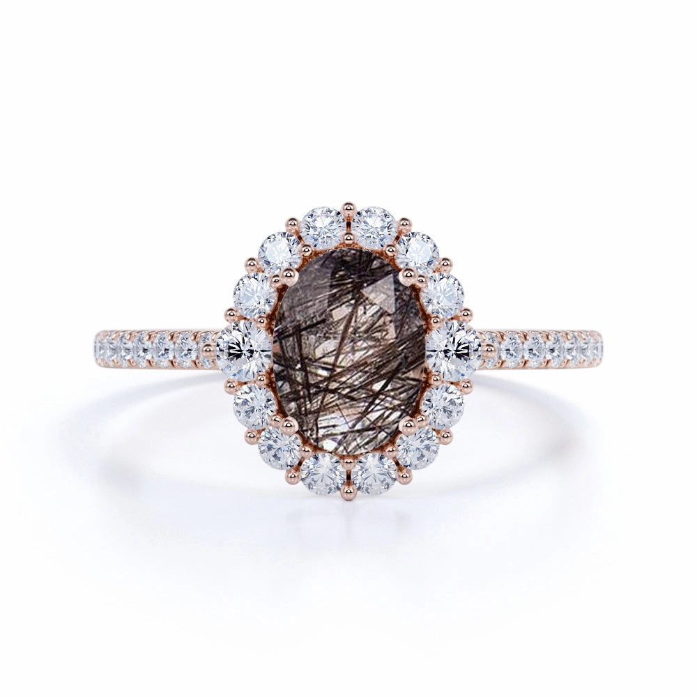 Premium Ornament 1.50 ct Oval Black Rutilated Quartz Cluster Pave Engagement Ring